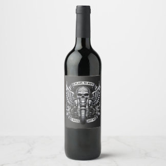 Motorcycle Art Featuring Skull and Winged Design Wine Label