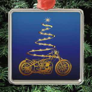 motorcycle christmas tree gold and blue metal ornament