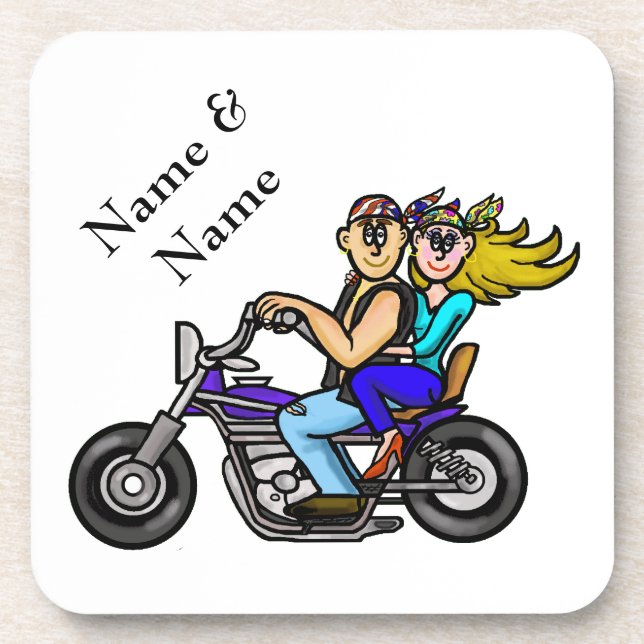 Motorcycle Couple Coasters  Customise with Name! (Front)