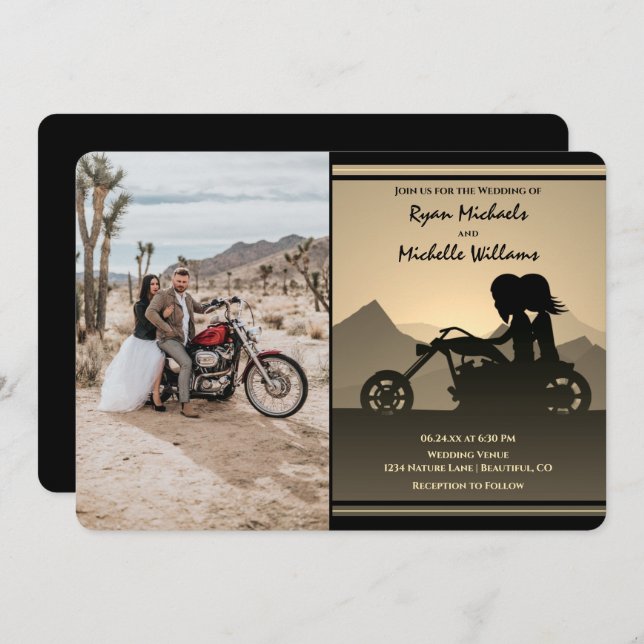Motorcycle Couple Mountain Photo Wedding Invitation (Front/Back)
