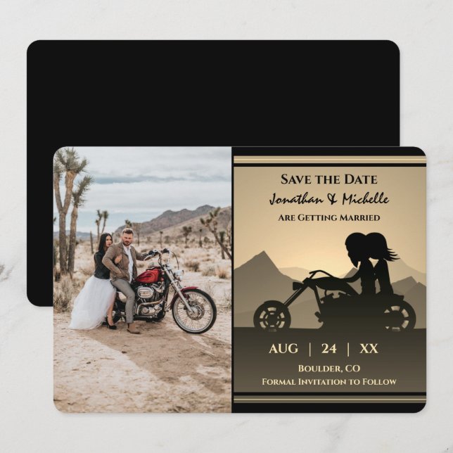 Motorcycle Couple Mountain Photo Wedding Save The Date (Front/Back)