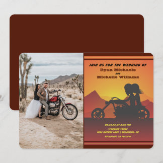 Motorcycle Couple Mountain Sunset Photo Wedding Invitation