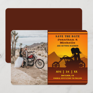 Motorcycle Couple Mountain Sunset Photo Wedding Save The Date