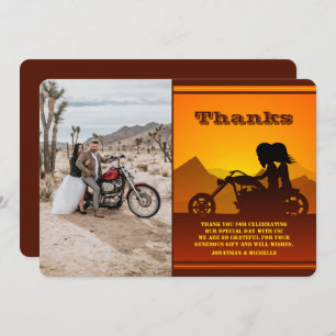 Motorcycle Couple Mountain Sunset Photo Wedding Thank You Card