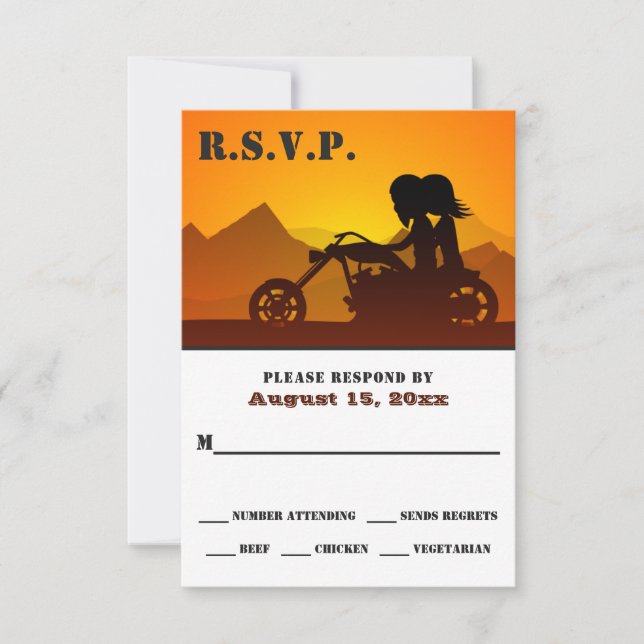 Motorcycle Couple Mountain Sunset/Sunrise Wedding RSVP Card (Front)