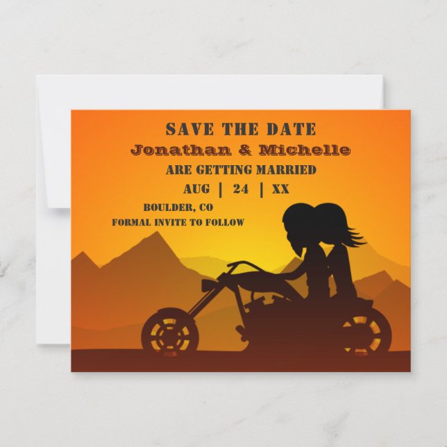 Motorcycle Couple Mountain Sunset/Sunrise Wedding Save The Date (Front)