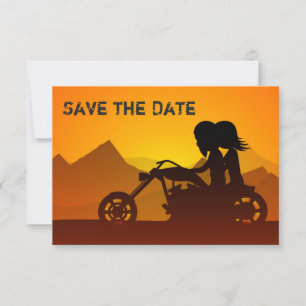Motorcycle Couple, Mountains and Sunset Wedding Save The Date