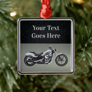 Motorcycle Custom Christmas Message Black Silver Metal Ornament