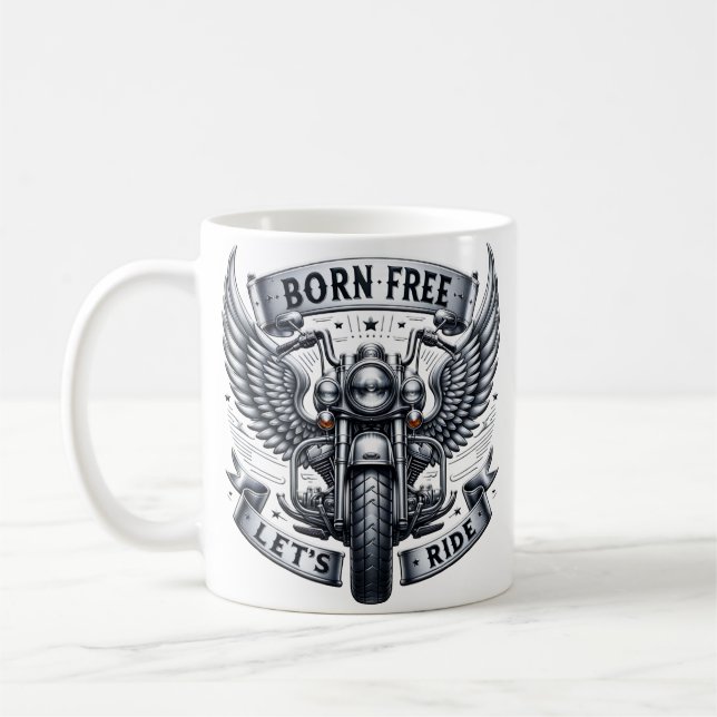 Motorcycle Design Featuring Wings and Slogans Coffee Mug (Left)