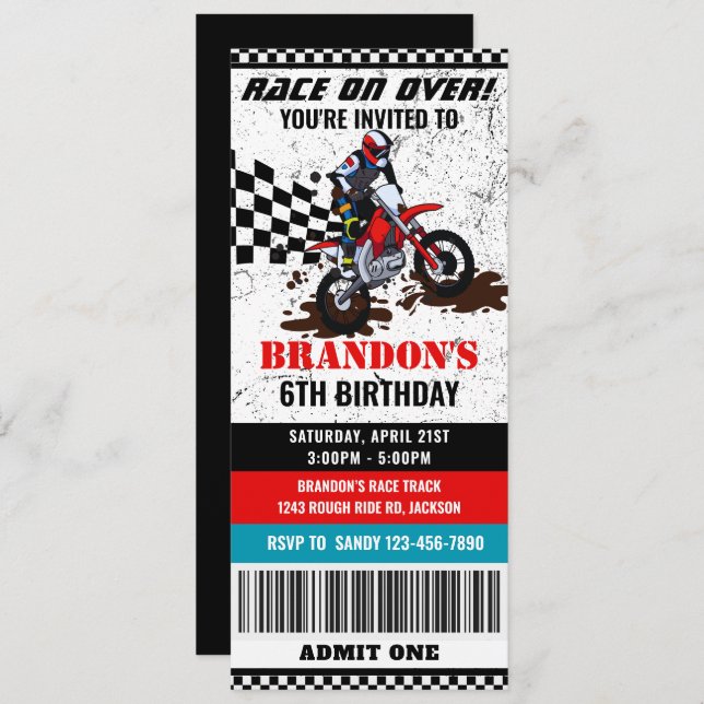 Motorcycle, dirt bike birthday ticket invitation (Front/Back)