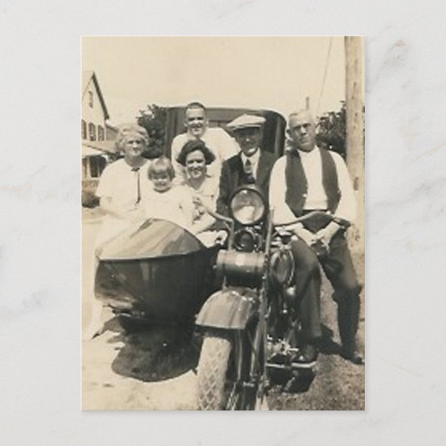 motorcycle family and sidecar postcard (Front)