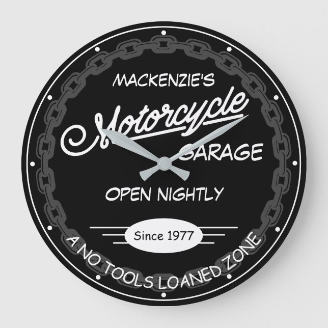 Motorcycle Garage Name Date Chain White Black Grey Large Clock (Front)