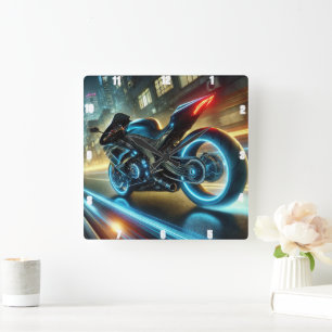 Motorcycle Glowing Neon Lights Urban Street  Square Wall Clock