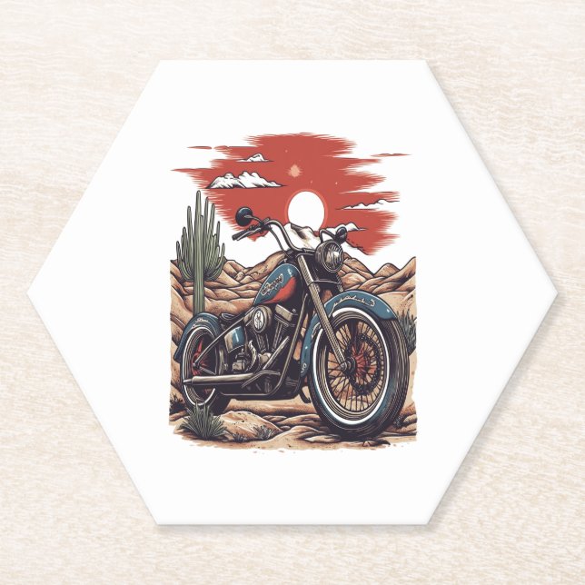 Motorcycle in Desert Cactus Western Set (2) Paper Coaster (Front)