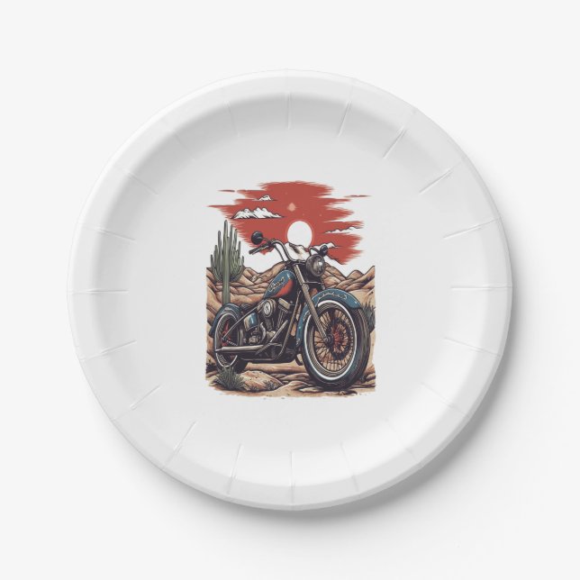 Motorcycle in Desert Cactus Western Set (2) Paper Plate (Front)