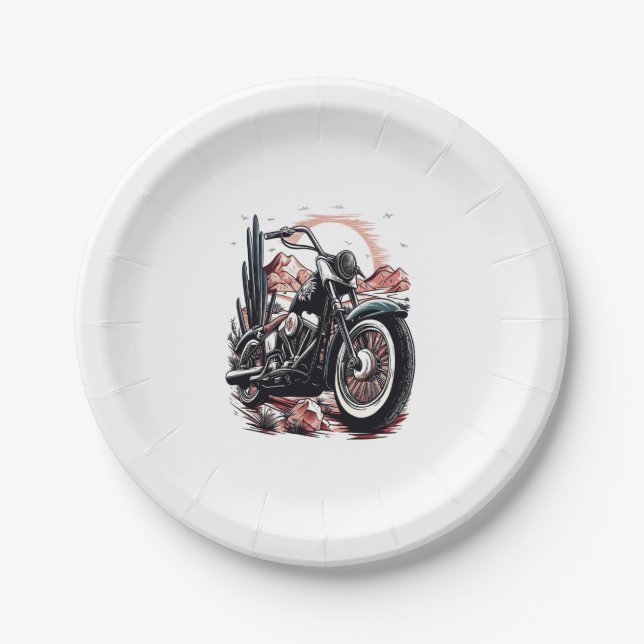 Motorcycle in Desert Cactus Western Set (3) Paper Plate (Front)
