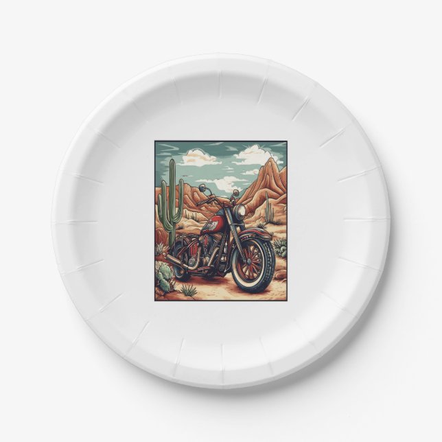 Motorcycle in Desert Cactus Western Set (4) Paper Plate (Front)