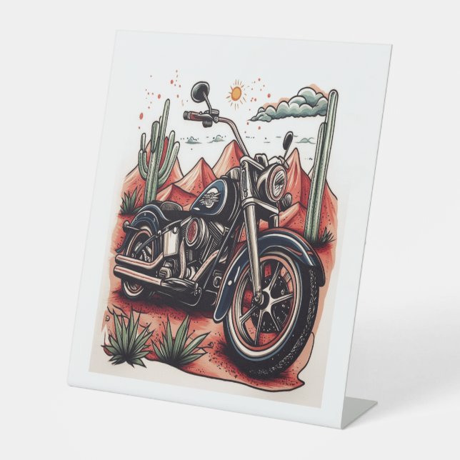 Motorcycle in Desert Cactus Western Set Pedestal Sign (Front)