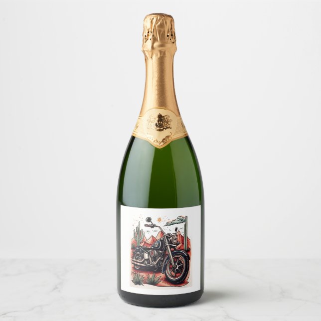 Motorcycle in Desert Cactus Western Set Sparkling Wine Label (Front)