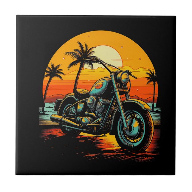 motorcycle-is-parked-beach-with-palm-trees ceramic tile (Front)