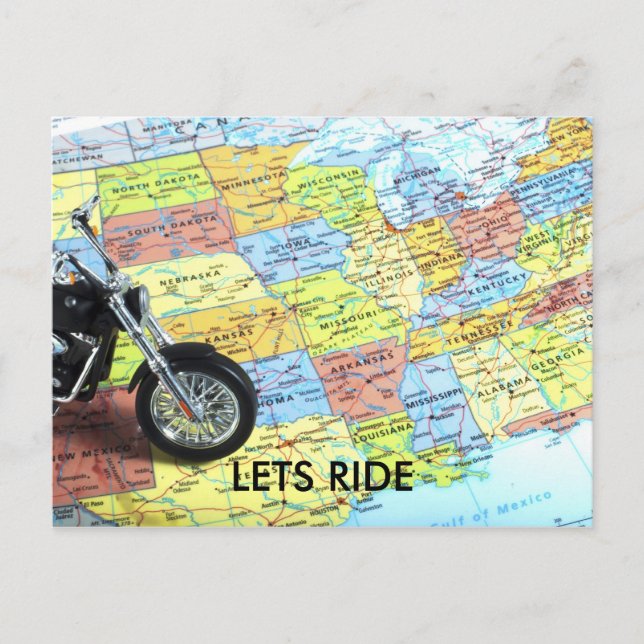 Motorcycle on Map of USA, LETS RIDE Postcard (Front)