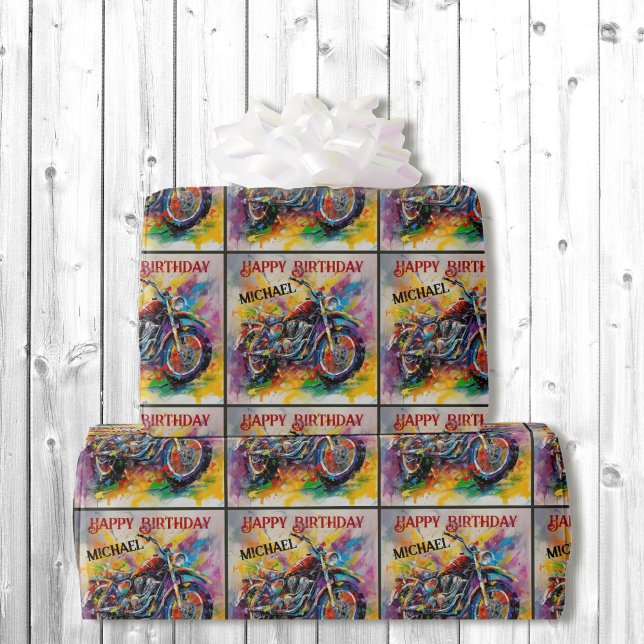 Motorcycle Painting Happy Birthday Add Name Wrapping Paper (Creator Uploaded)