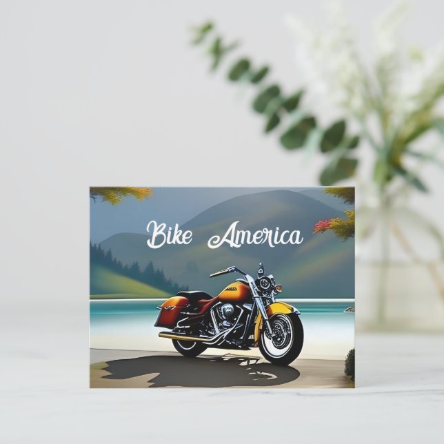  Motorcycle Parked near Lake Postcard (Standing Front)