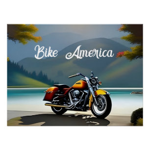 Motorcycle Parked near Lake Poster