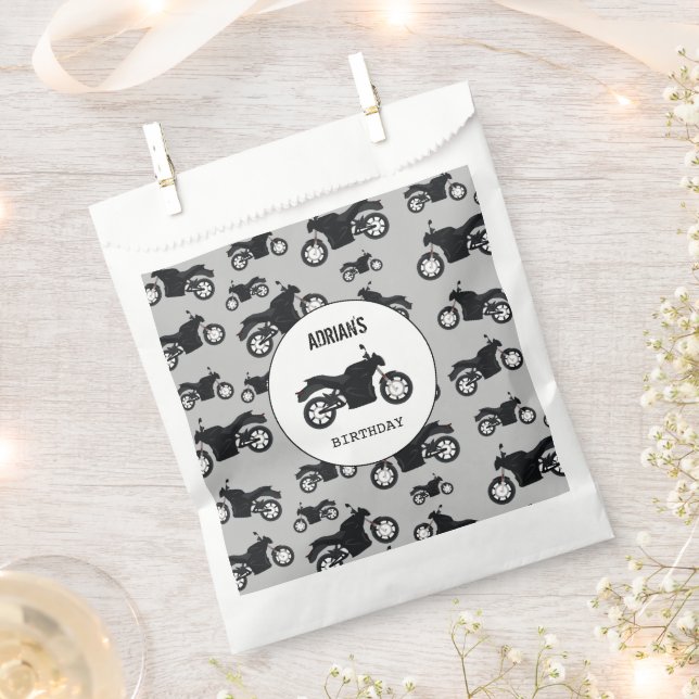 Motorcycle Pattern Customised Name Birthday Favour Bag (Clipped)