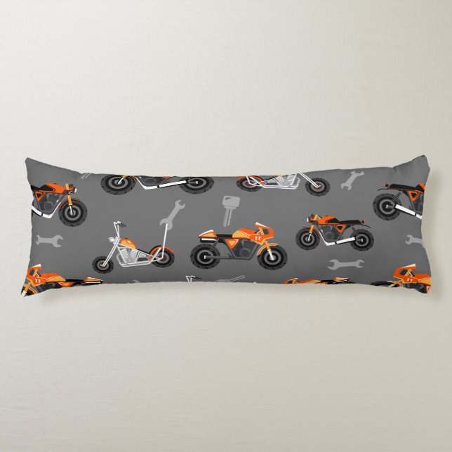 Motorcycle Pattern Gift Biker Tools Grey Orange Body Cushion (Front)
