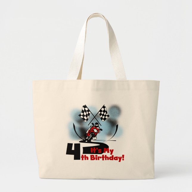 Motorcycle Racing 4th Birthday Tshirts Large Tote Bag (Front)