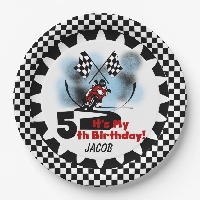Motorcycle Racing 5th Happy Birthday Paper Plates (Front)