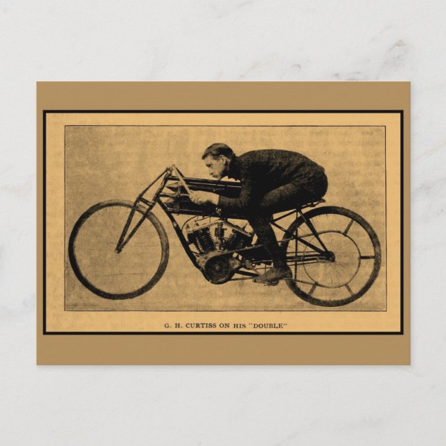 Motorcycle racing history GH Curtiss on his Double Postcard (Front)