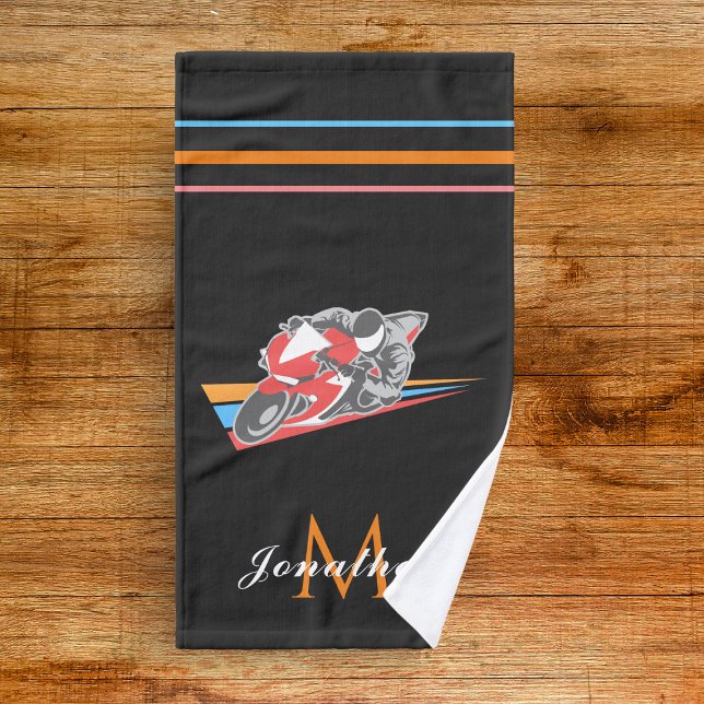 Motorcycle Racing Theme Motorbike Boys Name Grey  Hand Towel (Creator Uploaded)