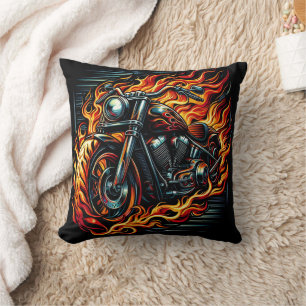 Motorcycle racing through flames at dusk cushion