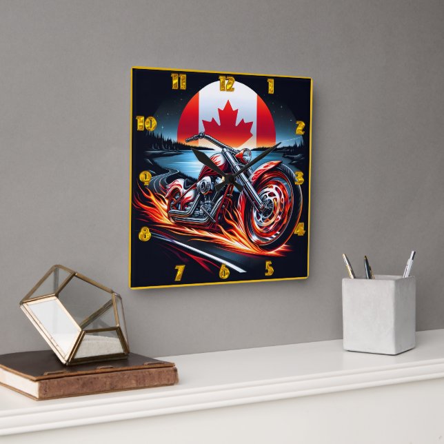 Motorcycle racing under a Canadian flag sunset Square Wall Clock (Office)