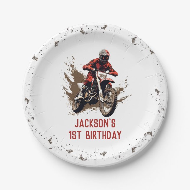 Motorcycle Red Dirt Bike Birthday Party Paper Plate (Front)