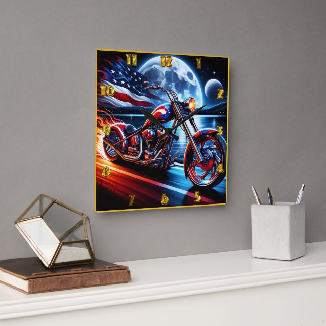 Motorcycle riding under the night flag square wall clock (Office)