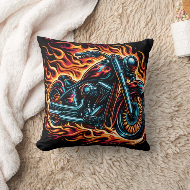 Motorcycle roaring amid vibrant flames at dusk cushion (Blanket)