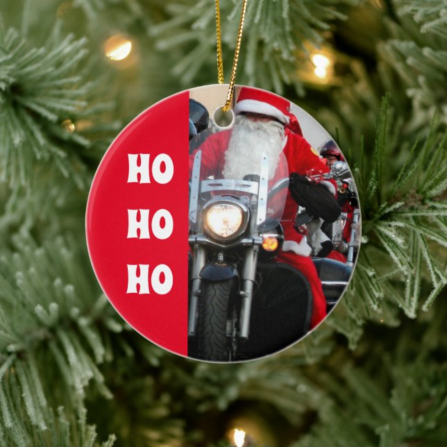 Motorcycle Santa Claus Ho Ho Ho Ceramic Ornament (Tree)
