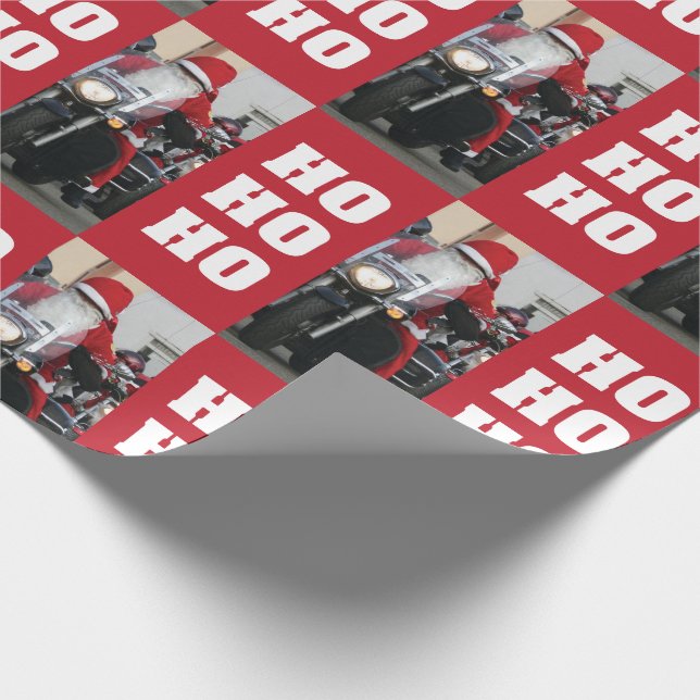 Motorcycle Santa photo with Ho Ho Ho Wrapping Paper (Corner)