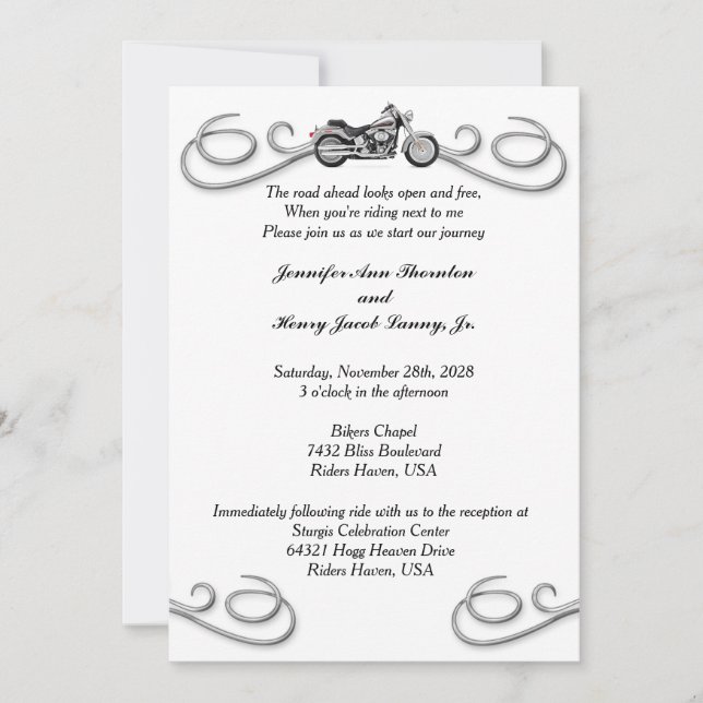 Motorcycle & Scrolls Wedding Invitation (Front)