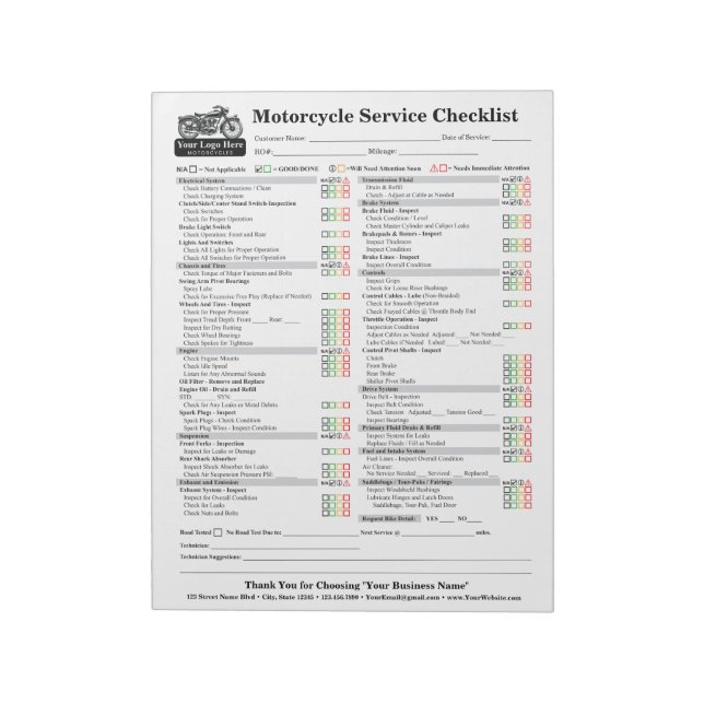 Motorcycle Service Checklist 8.5x11 Notepad (Rotated)
