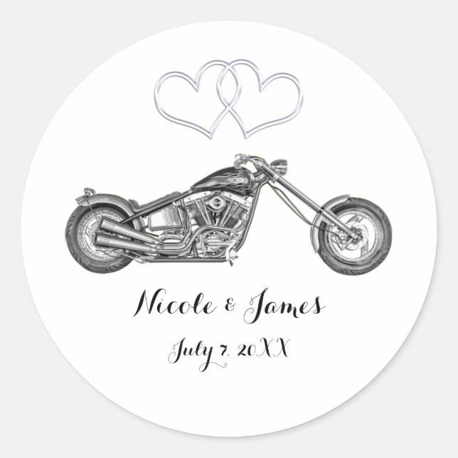 Motorcycle & Silver Hearts Biker Wedding Favour Classic Round Sticker (Front)