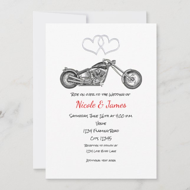 Motorcycle & Silver Hearts Biker Wedding Invitation (Front)