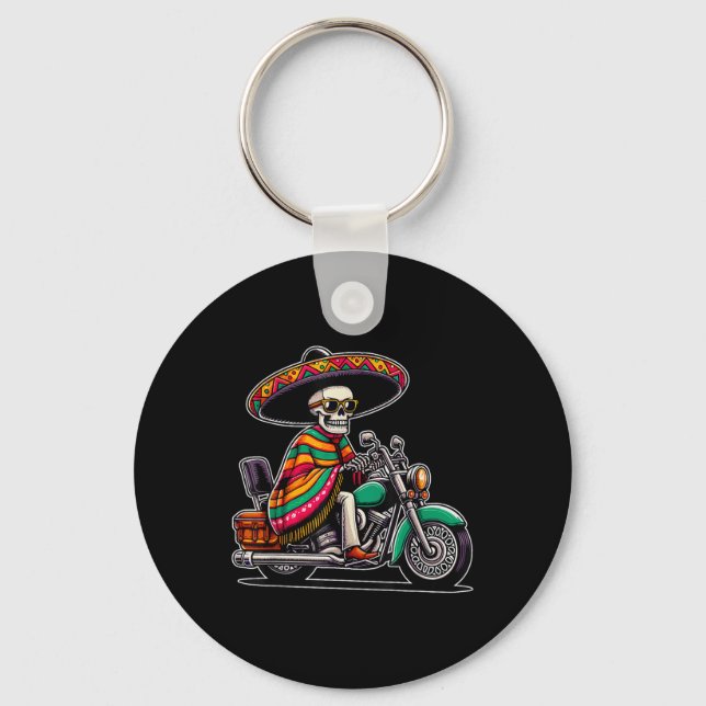 Motorcycle Skeleton Biker Mexican Sombrero Cinco D Key Ring (Front)
