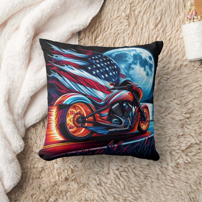 Motorcycle under full moon, American flag Cushion (Blanket)