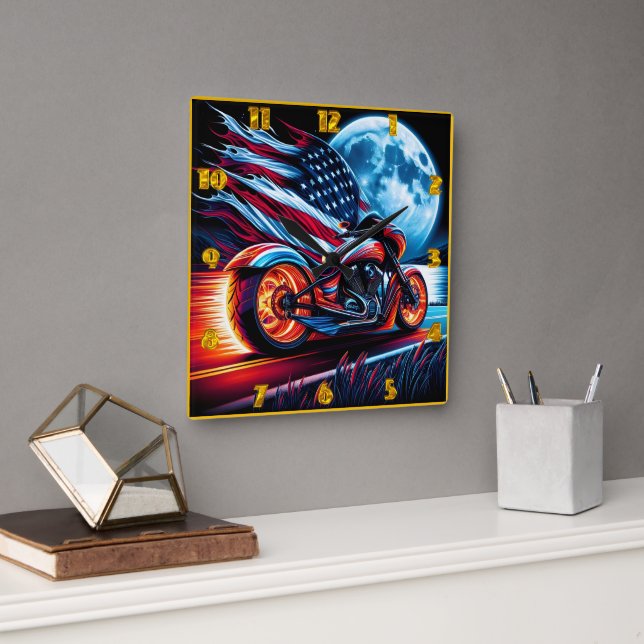 Motorcycle under full moon, American flag Square Wall Clock (Office)
