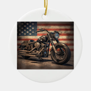 Motorcycle USA Flag Retro Biker Ceramic Ornament