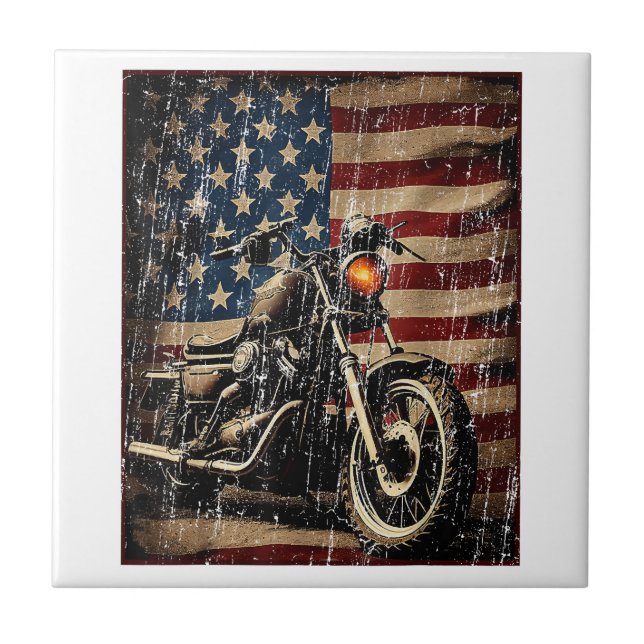 Motorcycle USA Flag Retro Biker Ceramic Tile (Front)